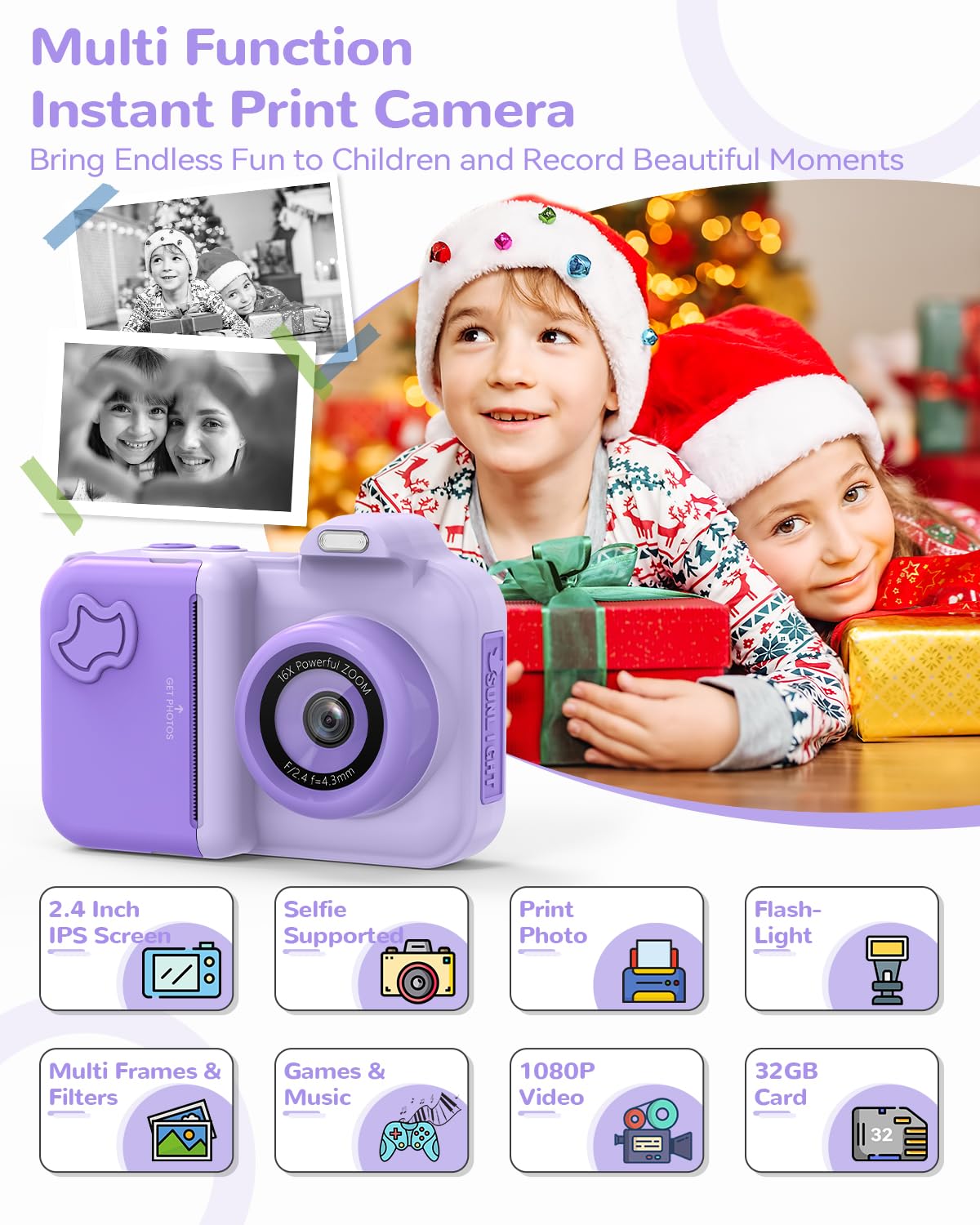 JoJoego Kinderkamera Sofortbildkamera, 2,4-Zoll 24MP Kinder Digitalkamera mit Selfie,1080P HD Dual-Kamera, 32GB Speicherkarte, 5 Rollen Druckerpapier, Geschenk für Kinder von 3-12 Jahren, Lila