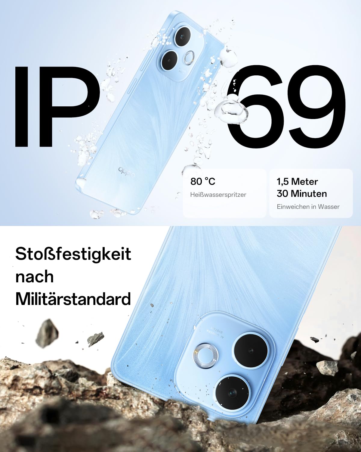 OPPO A5 Pro 4G 8GB+256GB, Simlockfreies Smartphone mit KI, 6,67" 90Hz-Display, 50MP-AF-Kamera, 5800mAh-Akku, IP69-Schutz gegen Wasser und Staub, Feather Blue (inklusive 45-W-SUPERVOOC-Ladegerät)