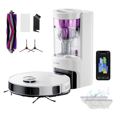EUREKA E10s DE Saug- & Wischroboter + beutelloser Multi-Zyklon-Absaugstation (4000Pa, Auto Teppicherkennung & Auto Mop Lifting, LiDAR-Navigation, ideal gegen Tierhaare, App- & Sprachsteuerung) weiß