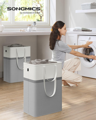 SONGMICS Pfandflaschen Sammelbehälter Wäschekorb 2er Set, 75 L Wäschesammler faltbar, mit langen Griffen, leicht zu tragen und zu reinigen, für Schlafzimmer Badezimmer, taubengrau LCB208G02