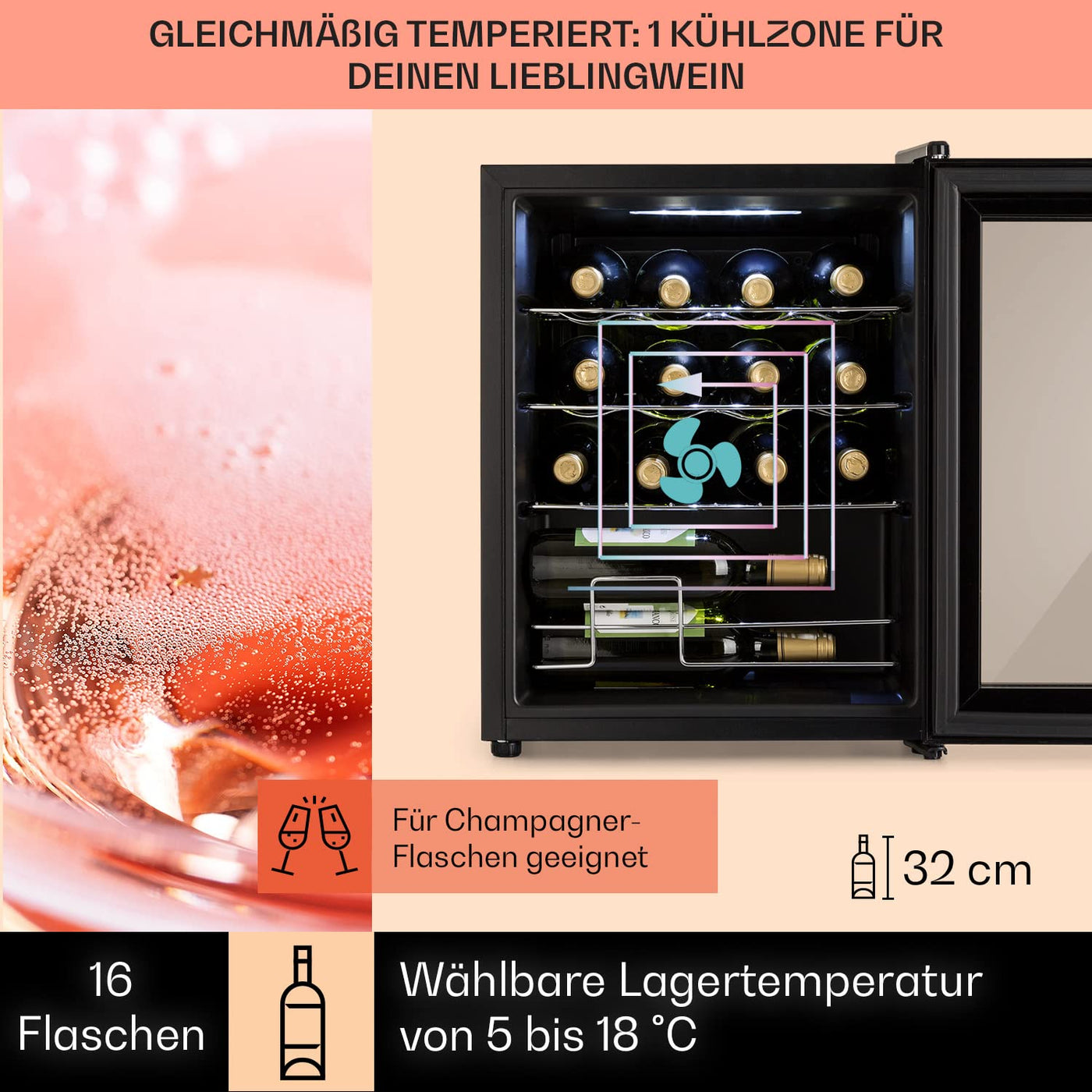 Klarstein Weinkühlschrank, 1 Zonen Getränkekühlschrank Klein, Kleiner Weinschrank 42L, Wein-Kühlschrank Klein mit Glastür, Indoor/Outdoor Flaschenkühlschrank, Wine Fridge 5-18°C, 16 Flaschen