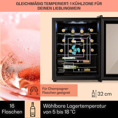 Klarstein Weinkühlschrank, 1 Zonen Getränkekühlschrank Klein, Kleiner Weinschrank 42L, Wein-Kühlschrank Klein mit Glastür, Indoor/Outdoor Flaschenkühlschrank, Wine Fridge 5-18°C, 16 Flaschen