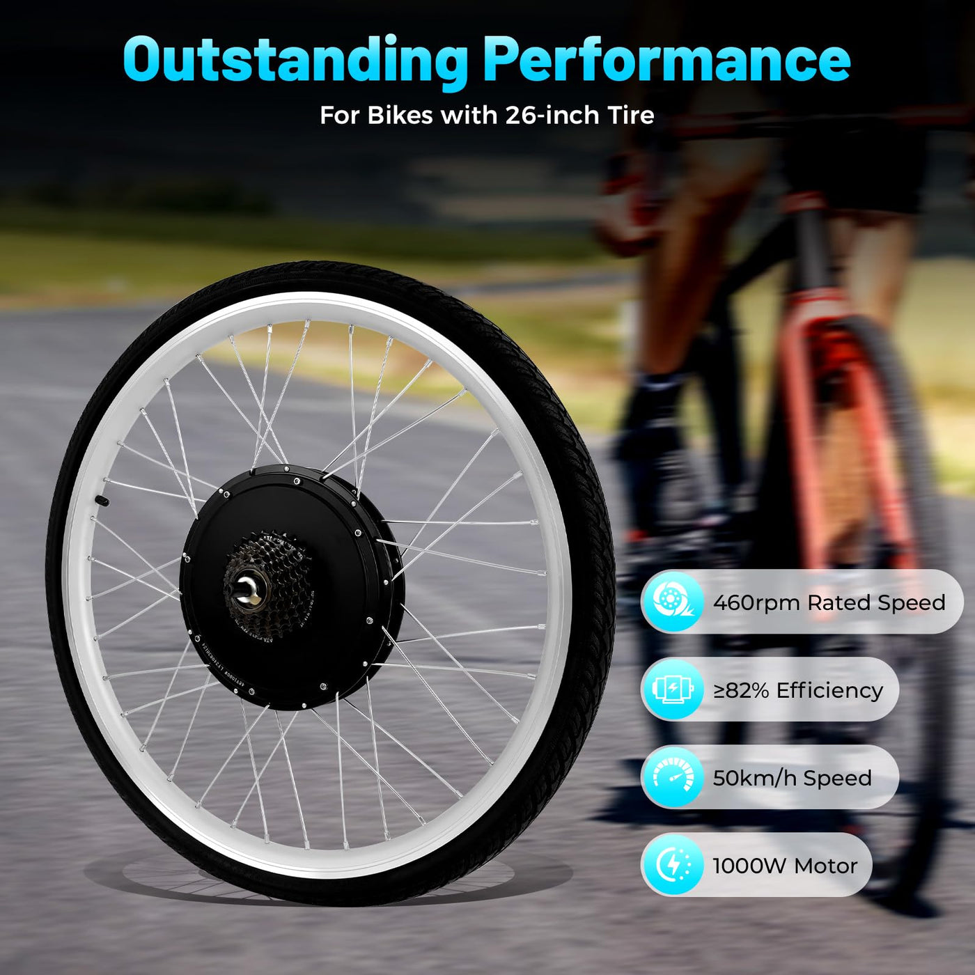 KumuJ 26 Zoll E-Bike Umbausatz mit LCD Display, 48V 1000W Motor E-Bike Conversion Kit Elektrofahrrad Umbausatz für 26" Hinterrad