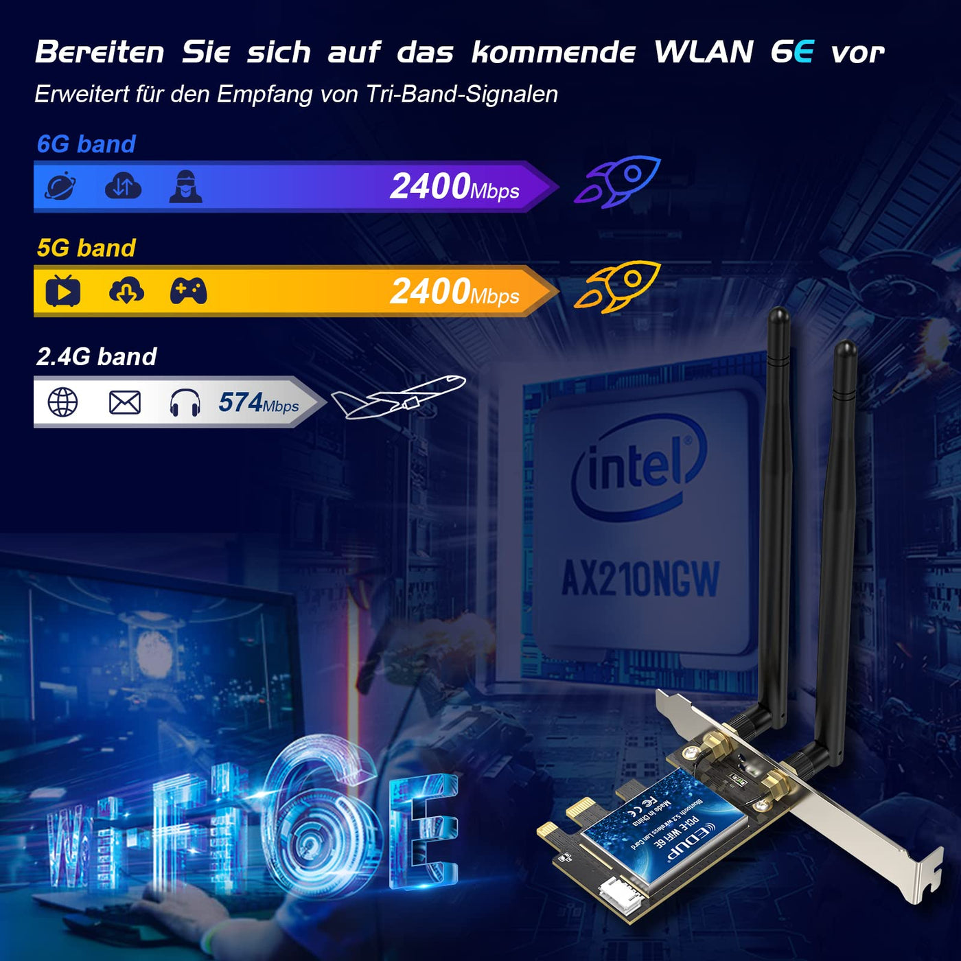 EDUP WiFi 6E Bluetooth 5.2 PCIE WLAN Karte Intel AX210 5400Mbit/s WLAN Netzwerkkarte Adapter, 802.11AX DualBand 2.4Ghz/5Ghz Antenne Preiswerter AX210 Chip für PC Desktop Windows 10&11 64-Bit