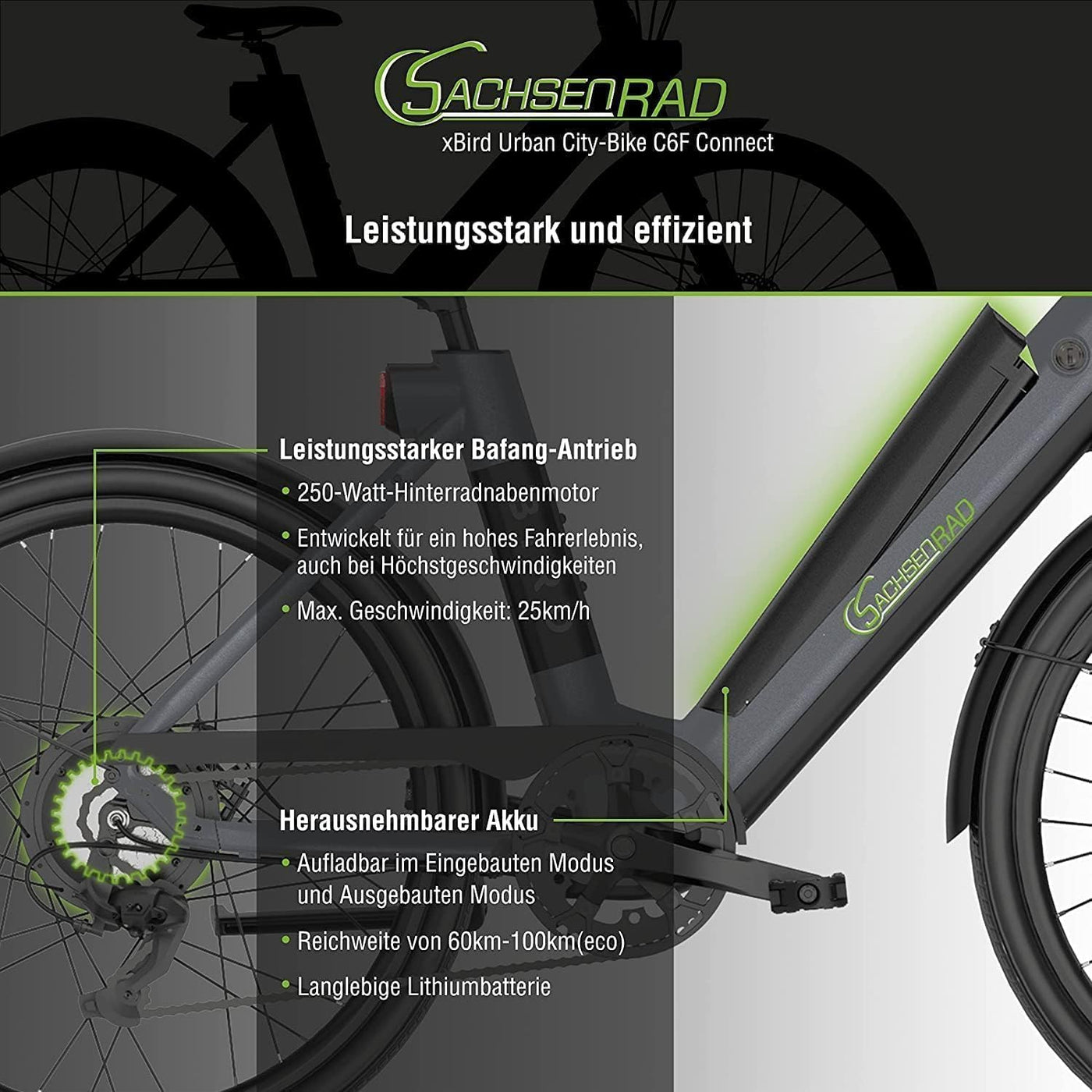 SachsenRAD xBird Urban City-Bike C6F Connect Mit Diebstahlschutz APP | Modernes Design E-Bike Elektrofahrrad mit Integriertes LCD Display und StVZO-zugelassene LED-Leuchten für 150-180CM