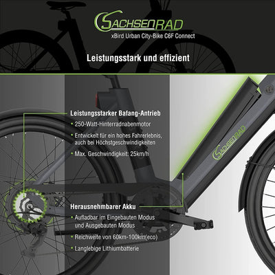SachsenRAD xBird Urban City-Bike C6F Connect Mit Diebstahlschutz APP | Modernes Design E-Bike Elektrofahrrad mit Integriertes LCD Display und StVZO-zugelassene LED-Leuchten für 150-180CM