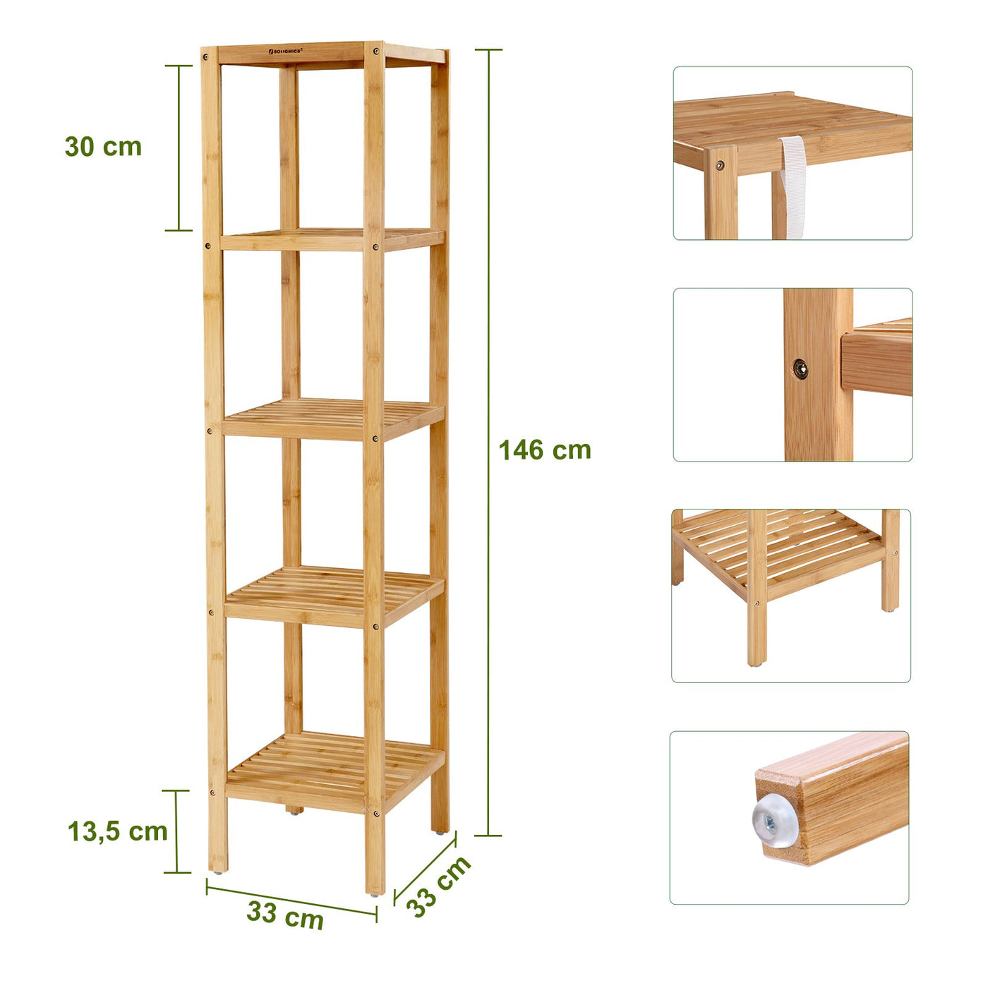 SONGMICS Badregal 5 Ebenen, schmales Regal stehend, Bambusregal, multifunktionales Aufbewahrungsregal, für Küche, Wohnzimmer, Schlafzimmer, Badezimmer, naturfarben BCB55Y