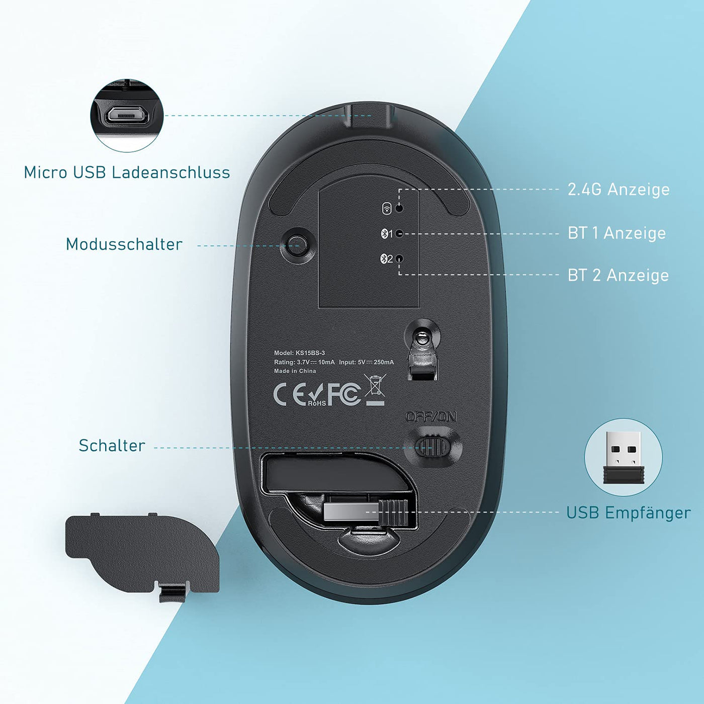 seenda Bluetooth Tastatur mit Maus Kabellos, Dual Bluetooth & 2.4G USB-Stick Tastatur Maus Set Kabellos, Wiederaufladbare Funktastatur Maus mit DE Layout für Mac/Windows/Android - Schwarz&Grau
