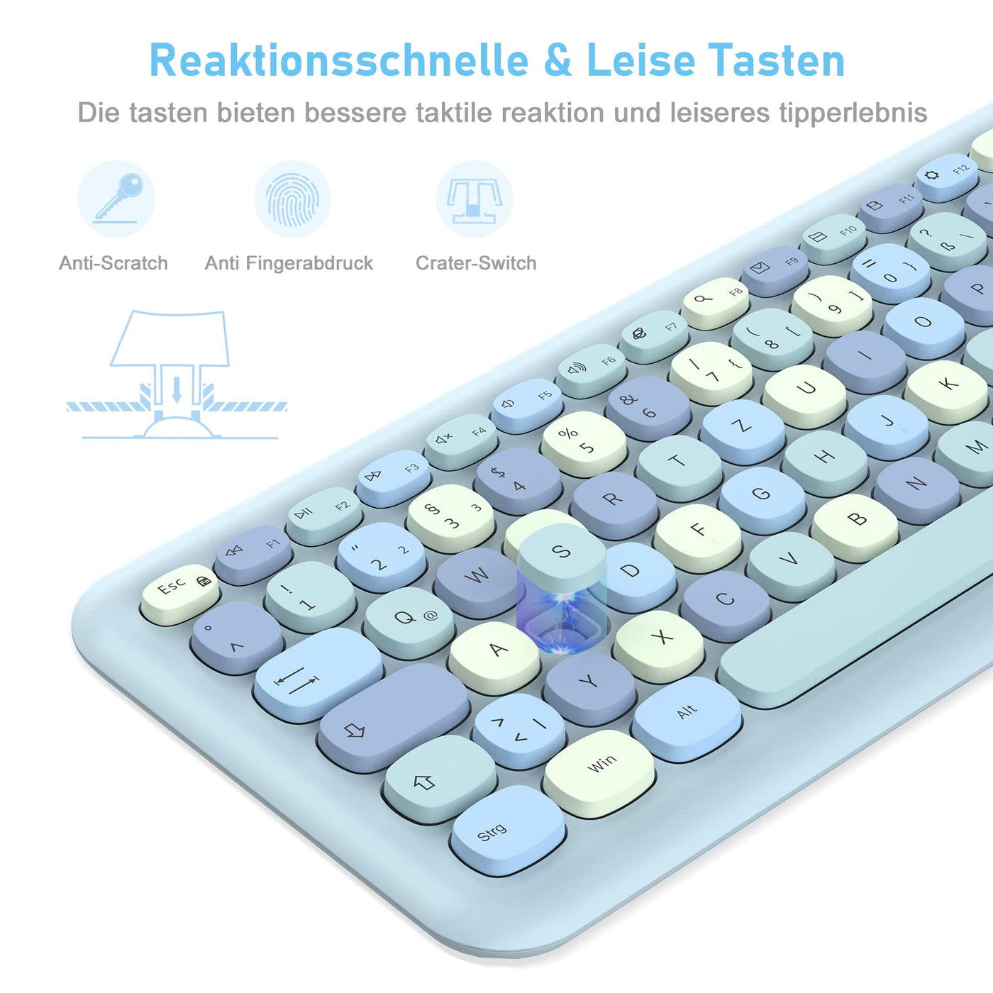 PINKCAT Tastatur Maus Set kabellos farbig, 2.4G Bunte Funktastatur mit Maus Retro Tastatur Cute Wireless Keyboard Silent Mouse für Computer/Desktop/PC/Laptop Geschenke - Blau