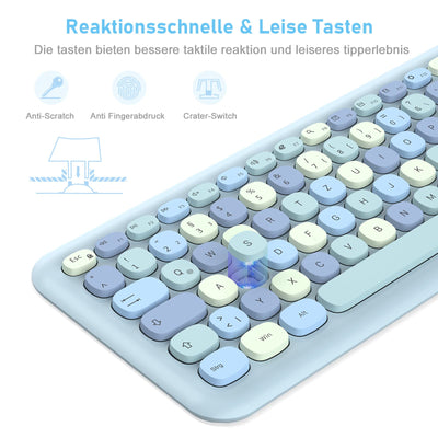 PINKCAT Tastatur Maus Set kabellos farbig, 2.4G Bunte Funktastatur mit Maus Retro Tastatur Cute Wireless Keyboard Silent Mouse für Computer/Desktop/PC/Laptop Geschenke - Blau