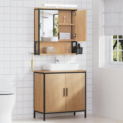 EUGAD Spiegelschrank Bad mit Beleuchtung, Badezimmerschrank mit Spiegel, Badschrank hängend, mit Verstellbarer Ablage Halter Korb, aus Metall MDF, schwarz + helle Eiche