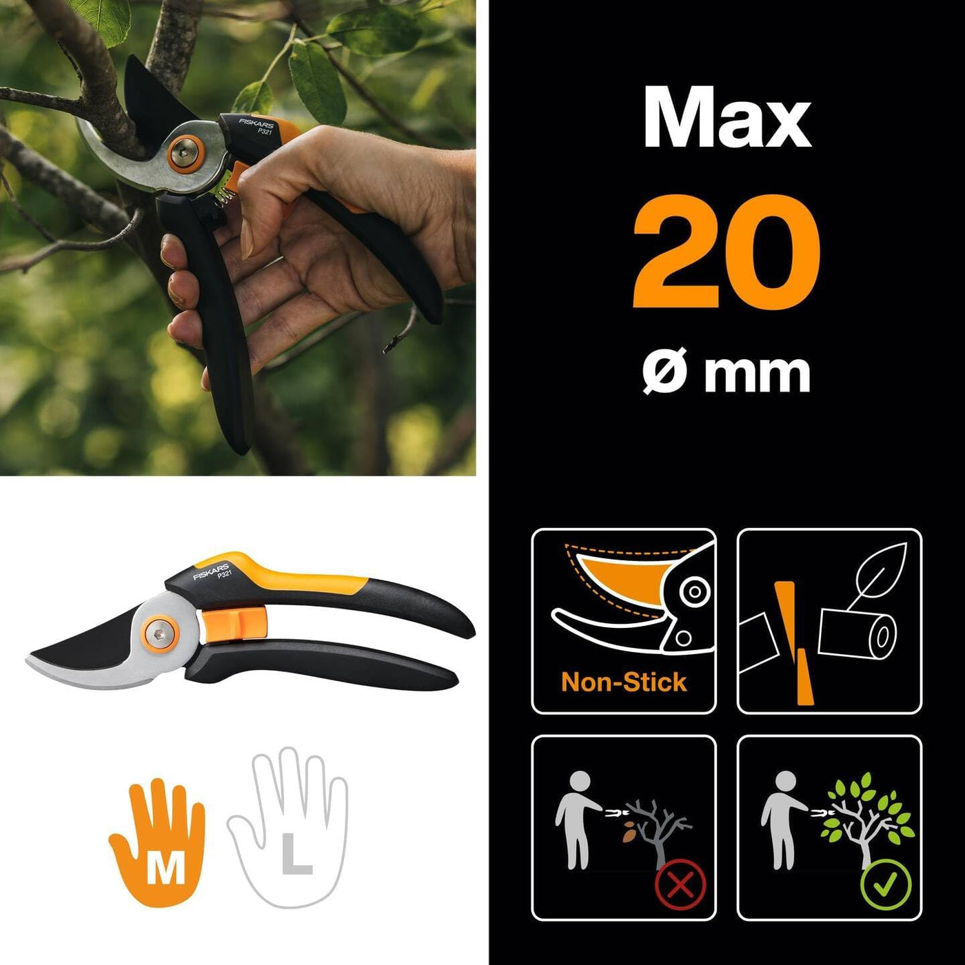 Fiskars Bypass-Gartenschere M, Solid, P321, Für frische Äste und Zweige, Antihaftbeschichtet, Edelstahl-Klingen, Länge: 20,1 cm, Schwarz/Orange, 1057162