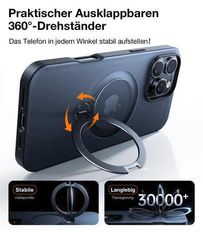 TORRAS 360° Ostand Spin für iPhone 16 Pro Hülle für Magsafe (Magnetischer Robust Standring) Zertifizierte Militärschutz, Matt Rückseite Hülle für iPhone 16 Pro Case Schlank Schwarz