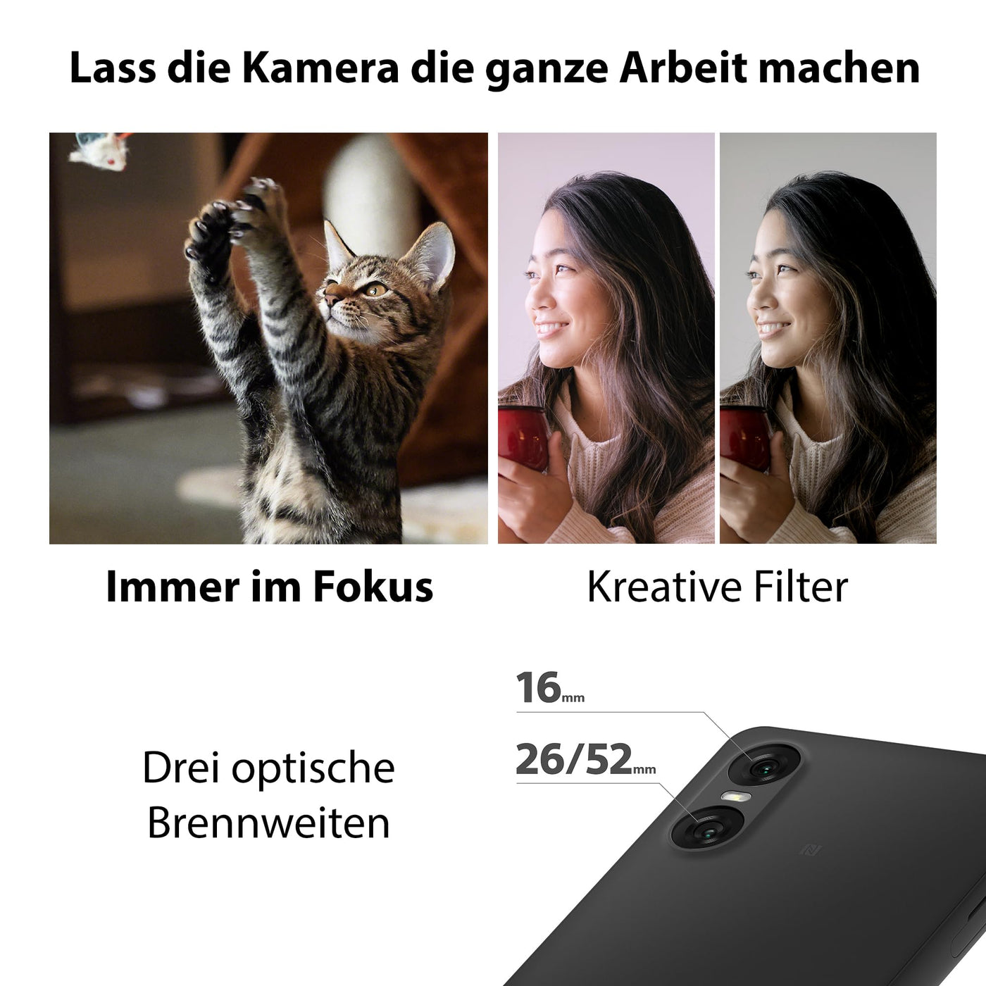 Sony Xperia 10 VI (5.000 mAh Akku, 6,1 Zoll 21:9 OLED, DREI optische Brennweiten, Leicht und kompakt, 3,5mm Audio, Android 14, IP65/68, Dual SIM, schwarz, 24+12 Monate Garantie [Amazon Exklusiv]