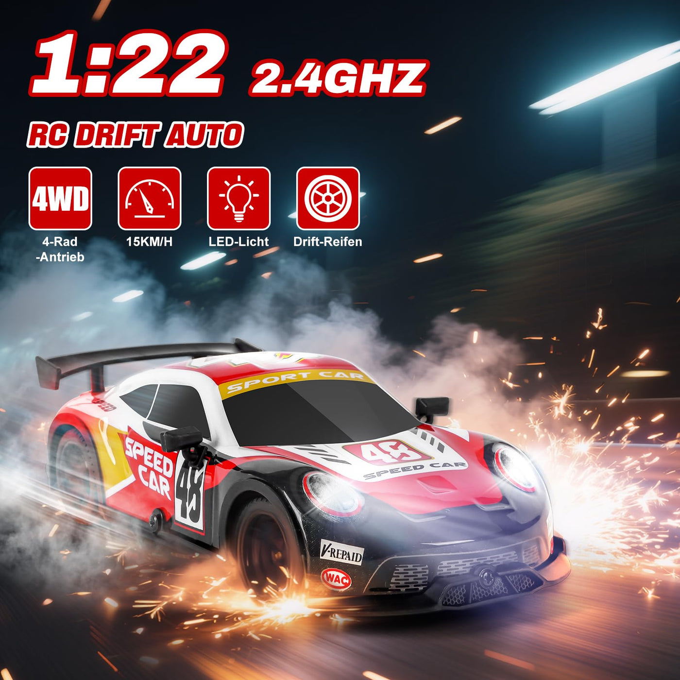 BuzzoXerex RC Drift Car, 1:22 Drift Auto Ferngesteuert, 4WD Mini RC Car, Tabletop Drift Ferngesteuertes Auto mit LED-Leuchten, 15km/h, Spielzeugauto mit Spielzeugauto für Kinder ab 6 Jahre (Rot)