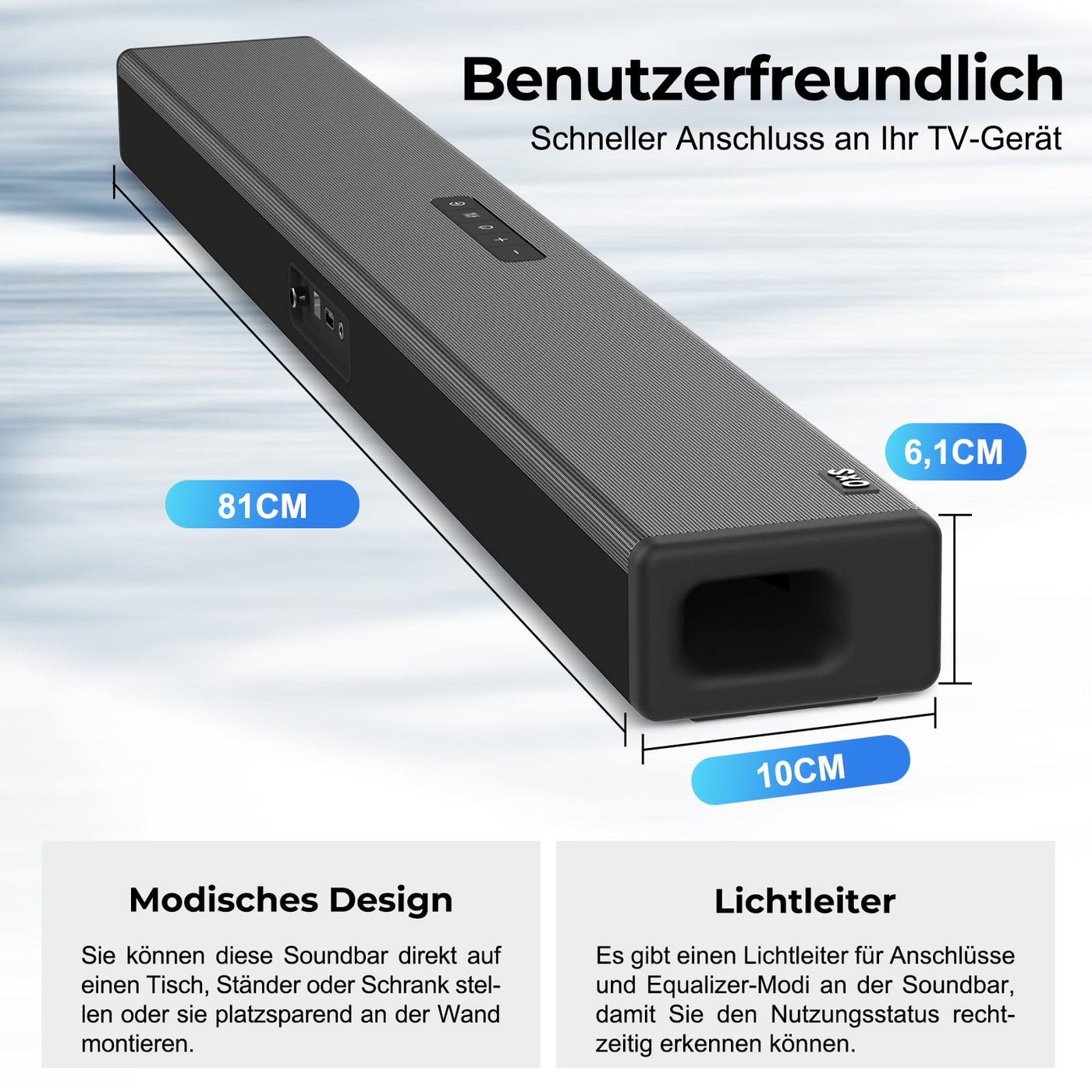 OXS S3 Soundbar für Fernseher, Heimkino-Audio mit Bluetooth 5.0, dynamischer Bass, 3D-Surround-Sound, Dialogverbesserung, AUX/optisch/koaxial kompatibel, mehrere Klangmodi, wandmontierbar