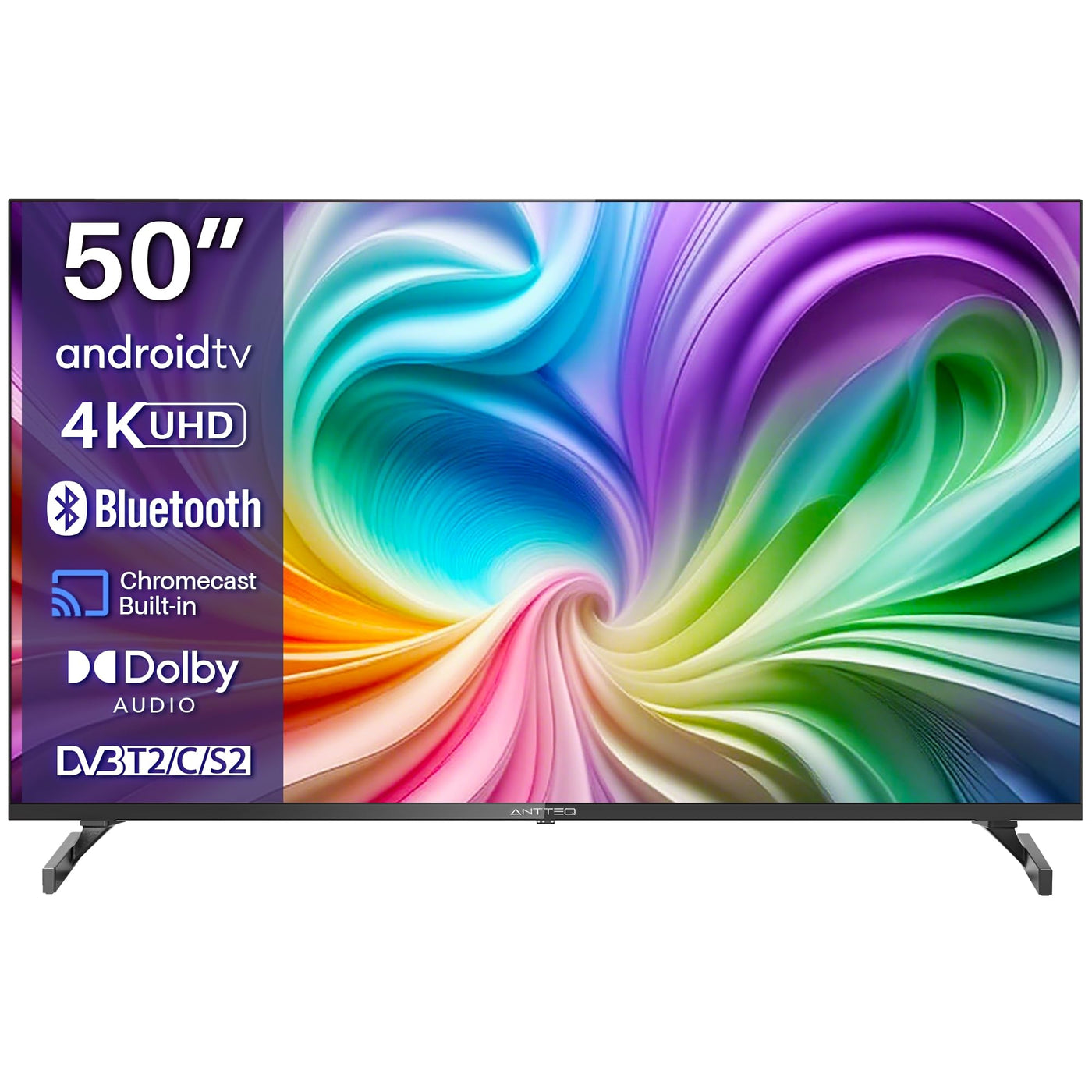 Antteq S50-AU1Q1 Fernseher 50 Zoll (126cm) Smart TV,Android TV,4K Ultra HD,Triple Tuner,Google Play Store,DAZN,Bluetooth-Sprachfernbedienung,WiFi