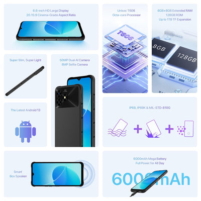 UMIDIGI G5 Mecha Smartphone Ohne Vertrag, 16GB RAM+128GB(Bis zu 1TB) Android 13 Handy Ohne Vertrag, 6,6" HD+Display 50MP, 6000mAh Outdoor Rugged Handys Dual SIM 4G/ Fingerabdruck/Face ID/OTG,Grau