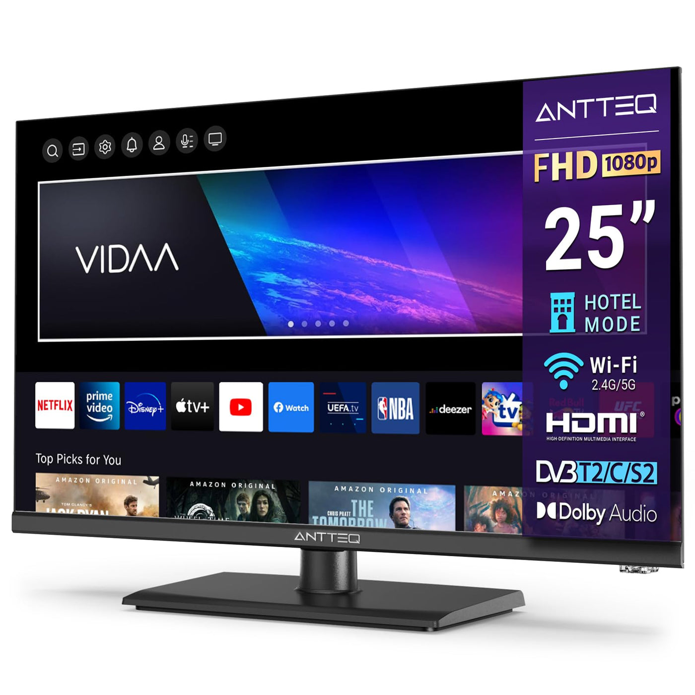 Antteq ViTA Series Smart TV 25 Zoll (Fernseher 64 cm),FHD,Triple Tuner(DVB-T2/S2/C),App Store,Netflix,Prime Video,DAZN,UVM,WiFi,Hotelmodus,V25-AF3Q1 2024