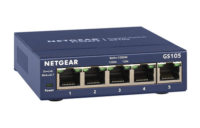 NETGEAR GS105GE LAN Switch 5 Port Netzwerk Switch (Plug-and-Play Gigabit Switch LAN Splitter, LAN Verteiler, Ethernet Hub, lüfterloses Metallgehäuse, ProSAFE Lifetime-Garantie), Blau