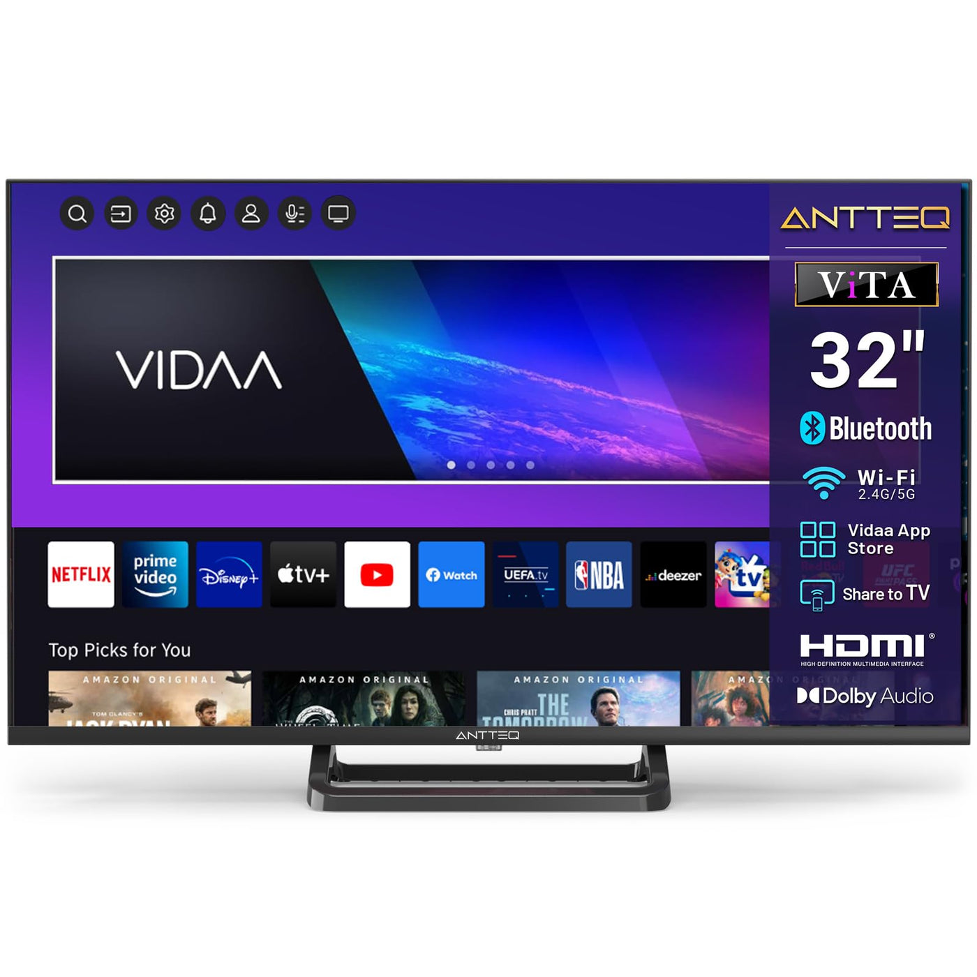 Antteq V32-AH3Q1L-BT 32 Zoll Smart TV(Fernseher 81 cm),Voice Remote Control,HD,Triple Tuner(DVB-T2/S2/C),App Store,DAZN,UVM,WiFi,Hotelmodus,2024
