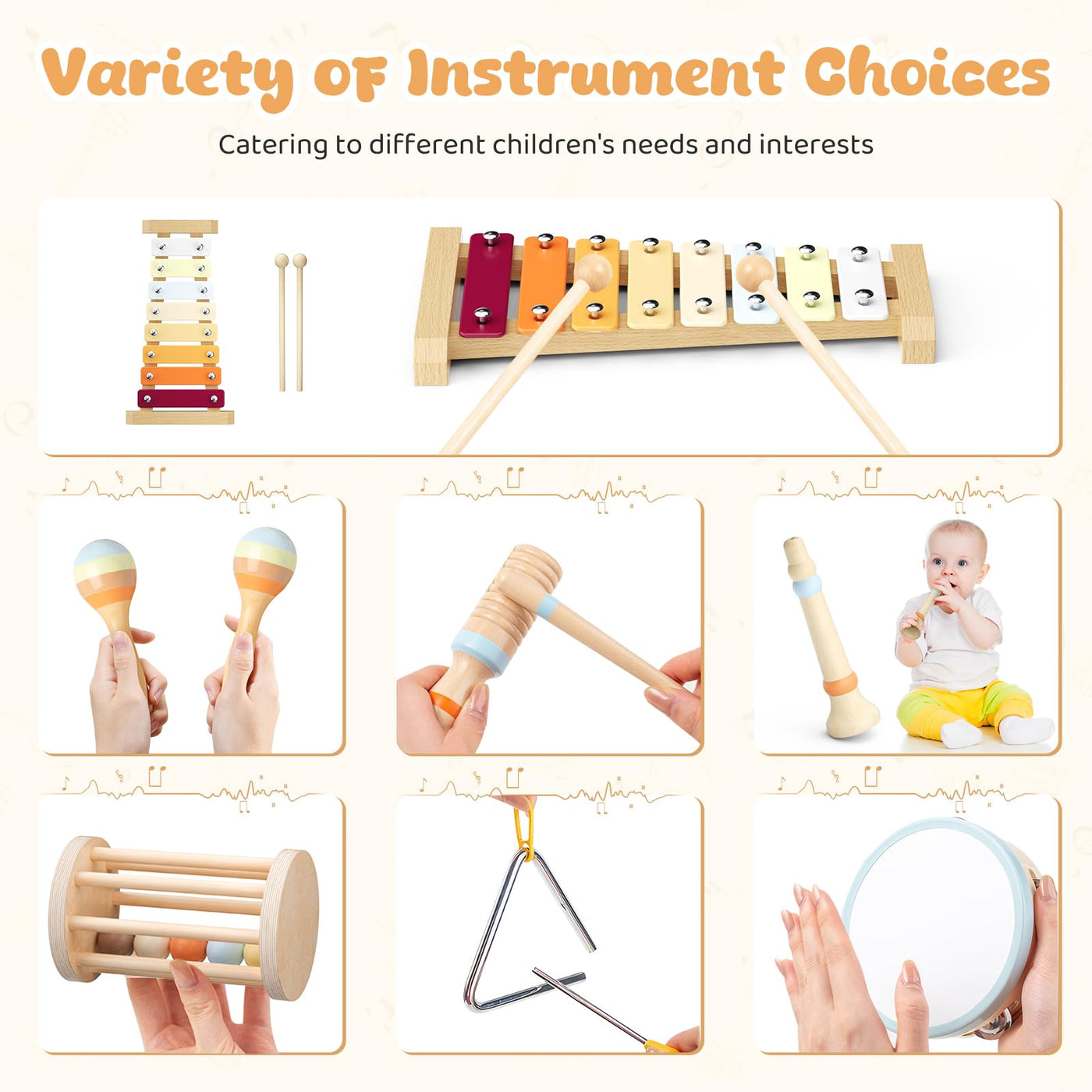 Musikinstrumente für Kinder, Montessori Musikinstrumente Set, Musik Holzspielzeug für Jungen und Mädchen, Spielzeug Geschenke Trommel Xylophon für Kleinkinder ab 1-3 Jahren