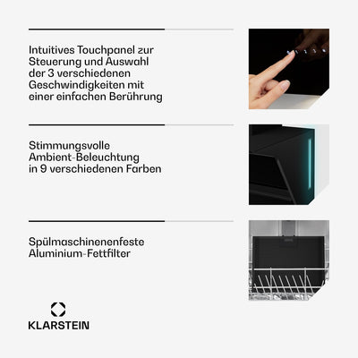 Klarstein Dunstabzugshaube Alina - 60-cm-Wandhaube, 600 m³/h Luftstrom, Energieeffizienzklasse A, LED-Beleuchtung in 9 Farben, Touch-Bedienfeld, Umluftbetrieb, Schwarz