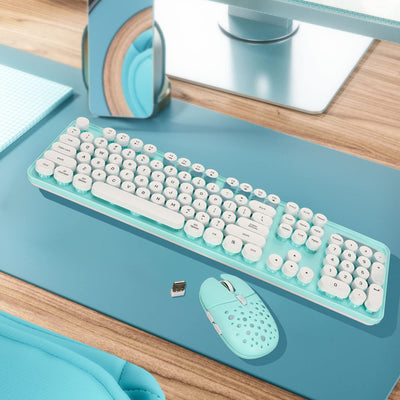 Annadue Kabellose Tastatur und Maus, 2,4 G Retro Punk Mechanisches Tastatur und Maus Set mit Runden Tastenkappen, 800, 1600, 2400 DPI, für Office/Gaming. (Blaues Brett)