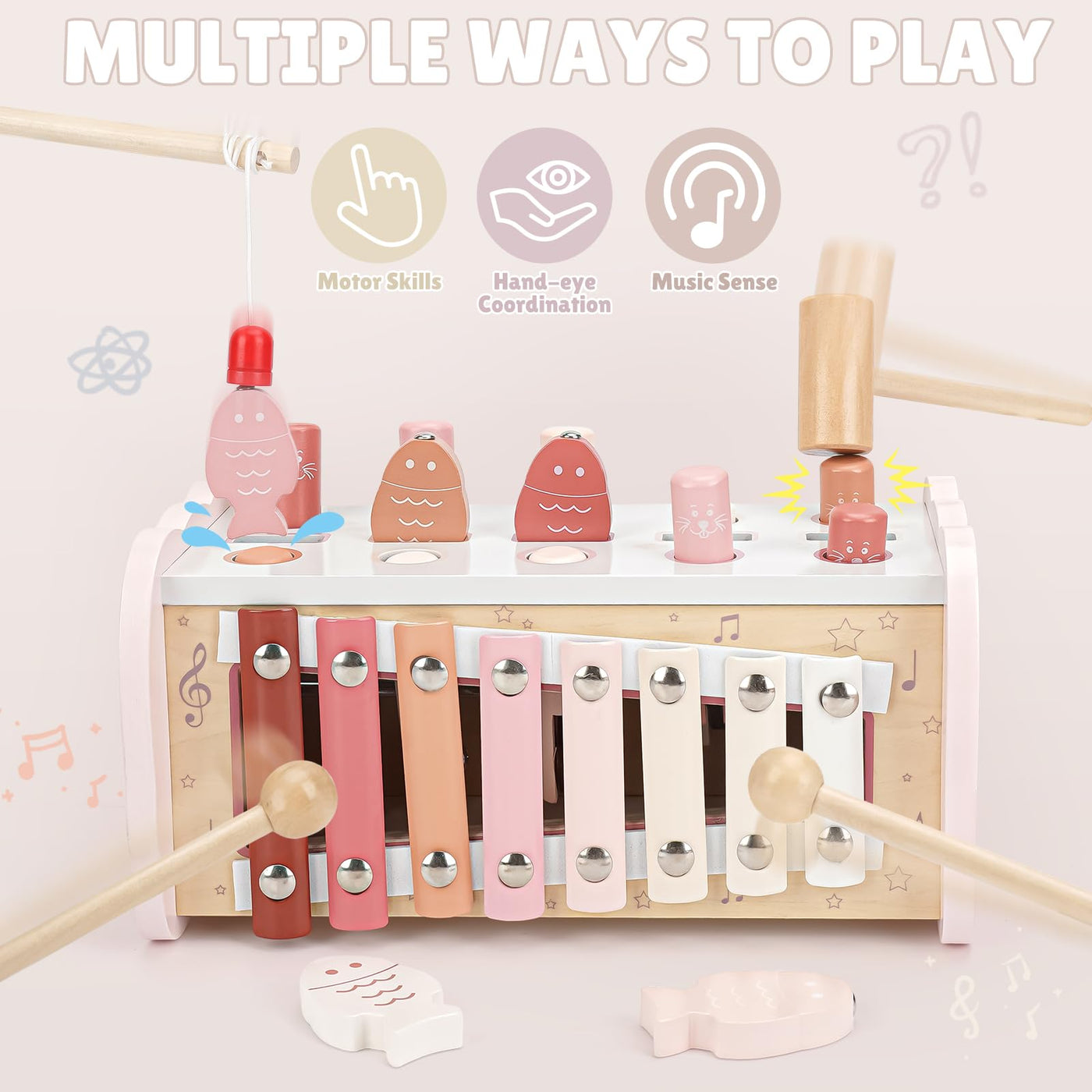Joyreal Montessori Spielzeug ab 1 Jahr - Hammerspiel Holzspielzeug Baby, Xylophon Kinder 1 Jahr, Angelspiel Motorikspielzeug, Lernspielzeug Geschenke ab 1 2 3 Jahre Mädchen Junge