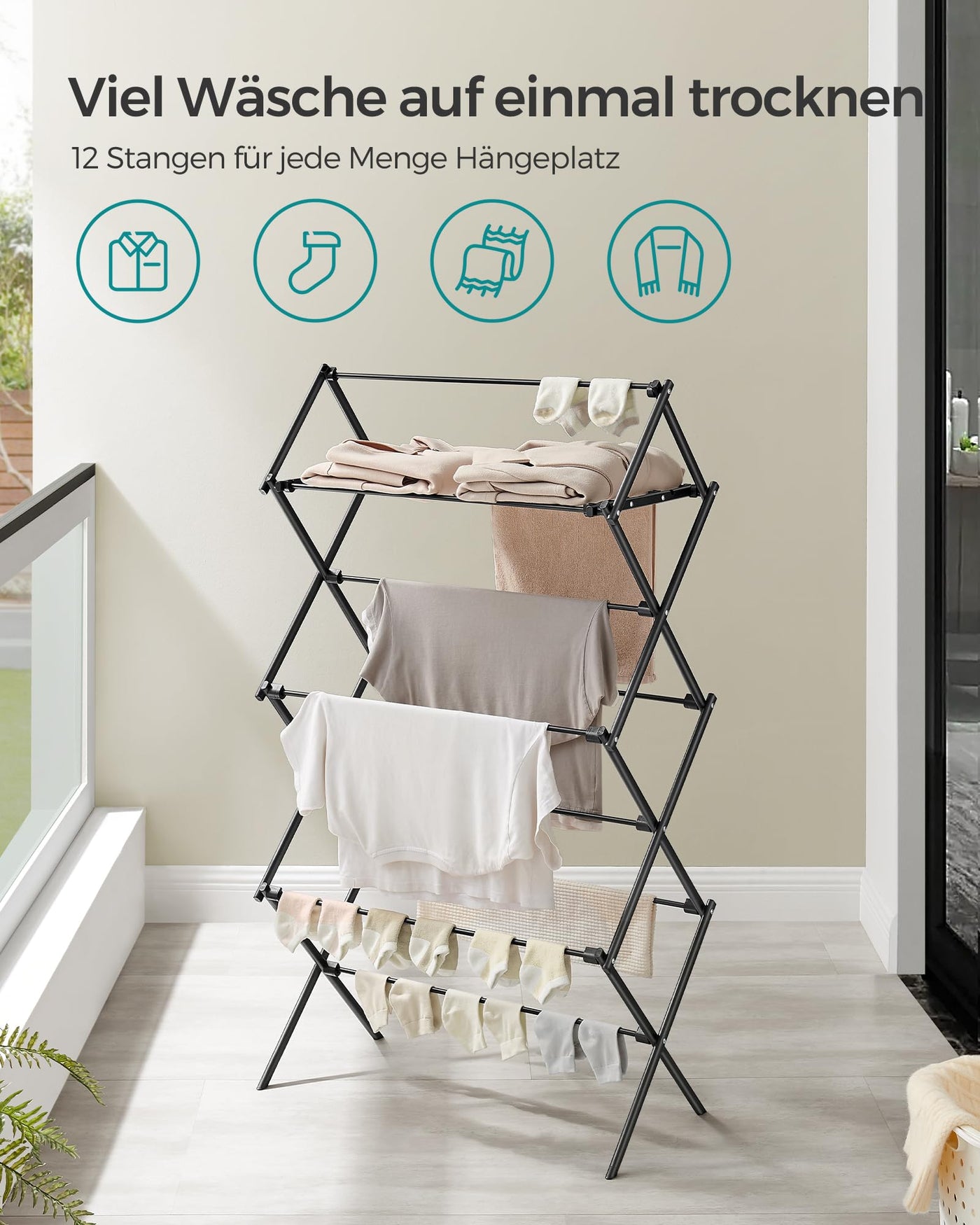 SONGMICS Wäscheständer, Standtrockner klappbar, kompakt, platzsparend, Stahlrahmen, 37 x 75 x 135,1 cm, einfacher Aufbau, für Innen- und Außenbereich, schwarz LLR770B01
