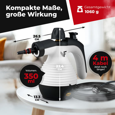 Neighbour's Friend® Dampfreiniger Neues Modell – Leistungsstarker Hand Steam Cleaner, 3,5 Bar Druck, 4m Kabel, 350ml Tank I Handdampfreiniger für Auto, Werkstatt, Haushalt & Fensterreinigung