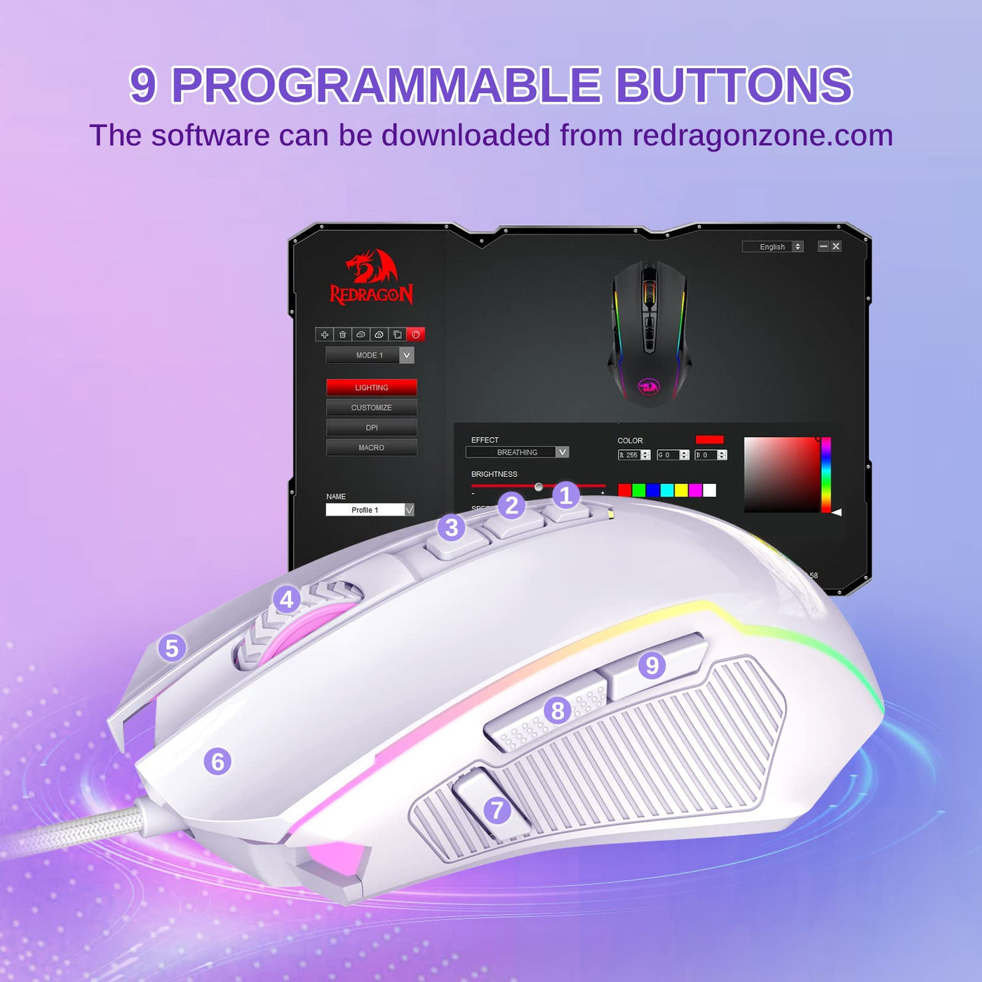 Redragon Gaming Maus, Gaming Mouse mit RGB und Einstellbar 8000 DPI, Maus mit 9 programmierbare Tasten und Feuertaste, RGB Gaming Maus mit ergonomisches Design für MMO/FPS/PC/Windows/Mac, Weiß