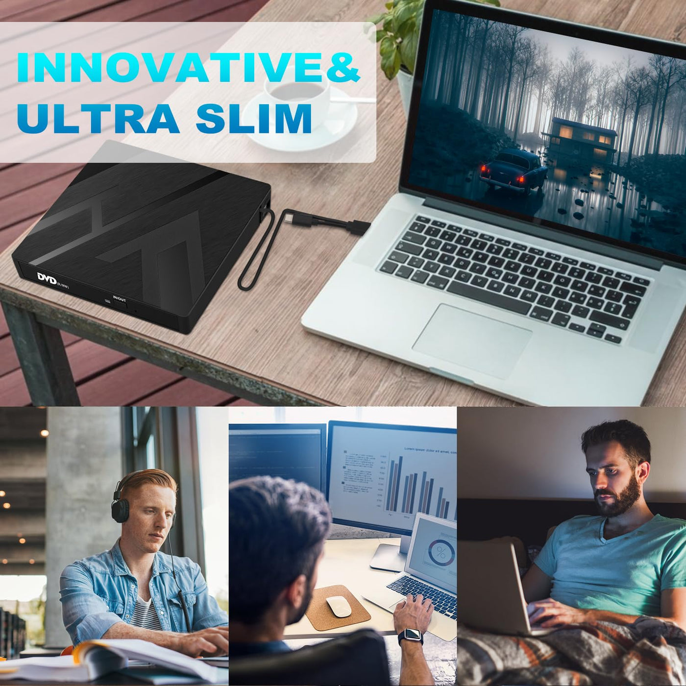 JBonest Externes CD DVD Laufwerk USB 3.0 Typ-C, Extern mit SD/TF-Kartenleser Portable RW Brenner,Schnelle Datenübertragung für Laptop,Desktop,MacBook,Win11/10/8/7/XP, Linux,Mac OS,Vista