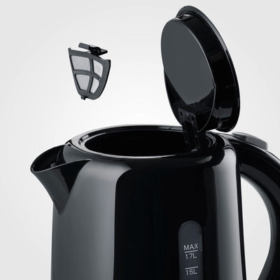 SEVERIN Wasserkocher 1,7 l, leistungsstarker und kompakter Wasserkocher in hochwertigem Design, elektrischer Wasserkocher mit Kalkfilter, schwarz, WK 4322