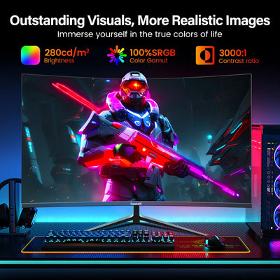 Gawfolk 27 Zoll Curved Gaming Monitor 165Hz/ 180Hz, PC Bildschirm Full HD 1080P, Rahmenloses 1800R Computerbildschirm mit FreeSync und Eye Care Technologie, unterstützt VESA