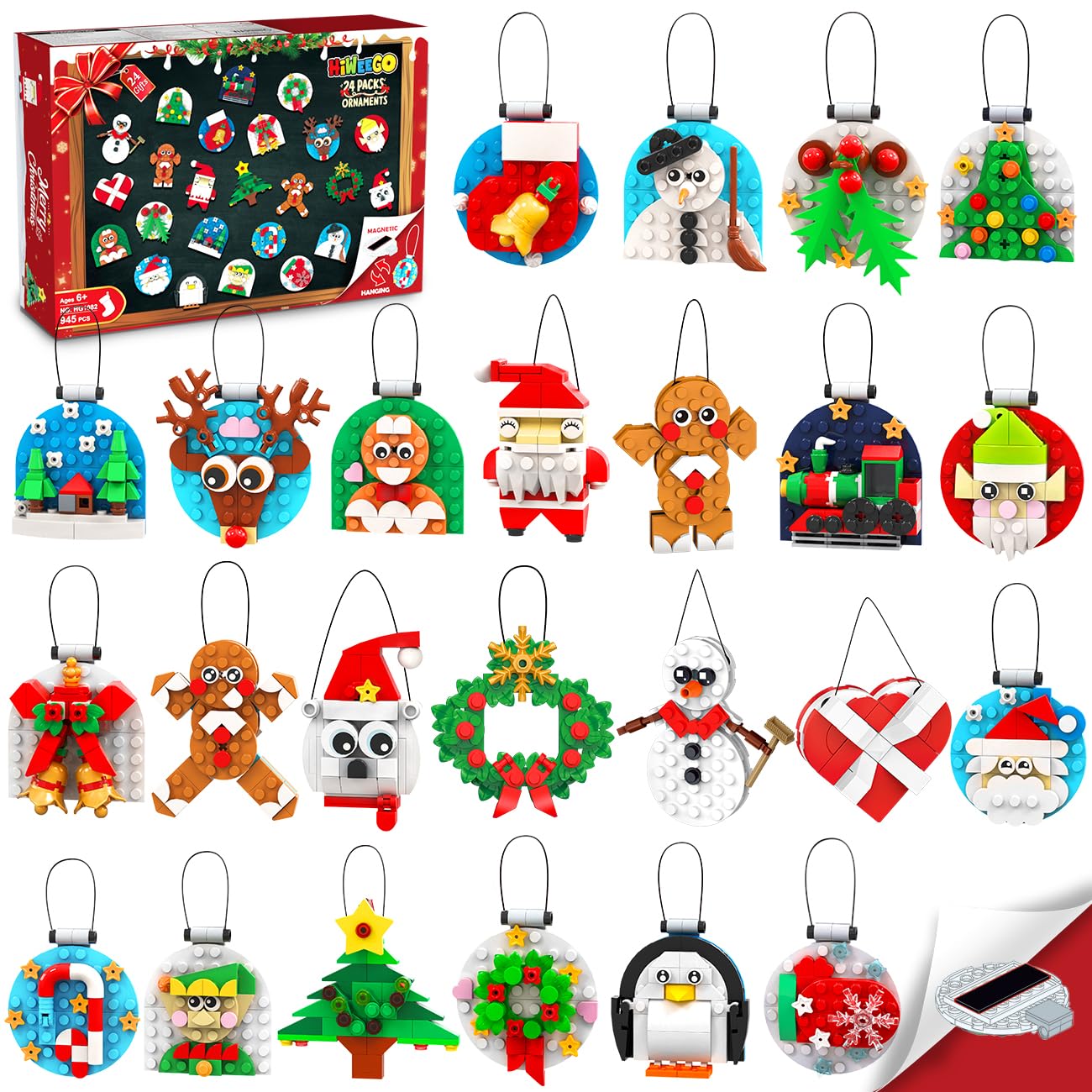 HiWEEGO 2025 Weihnachten Bauset, 2 in 1 Teile Hängende Magnetisch Weihnachtsbaum Ornamente Lebkuchenmännchen Kranz Weihnachtsmann Schneemann, Weihnachts Klemmbausteine für Erwachsene Kinder Jahren 6+