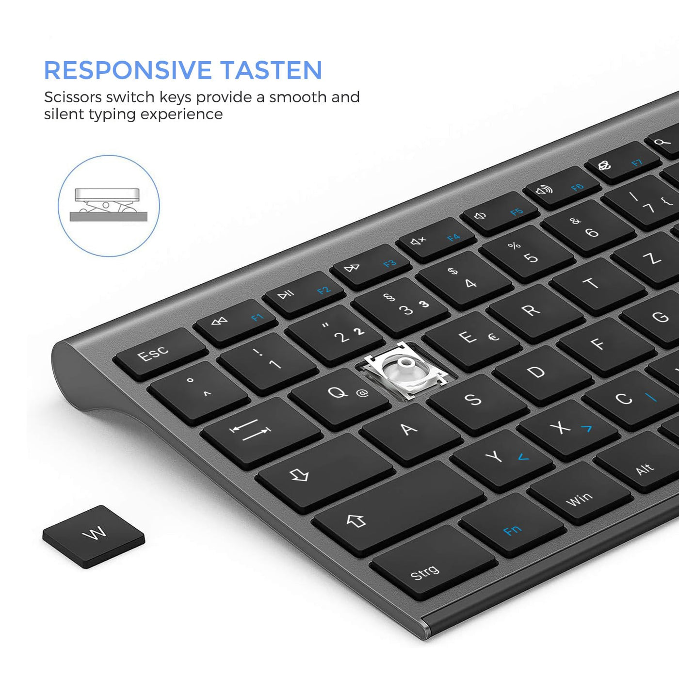 seenda Funktastatur mit Maus, Wiederaufladbare Tastatur Maus Set kabellos für Computer/Laptop, leise klick, Fullsize & QWERTZ Layout(Schwarz & Grau)