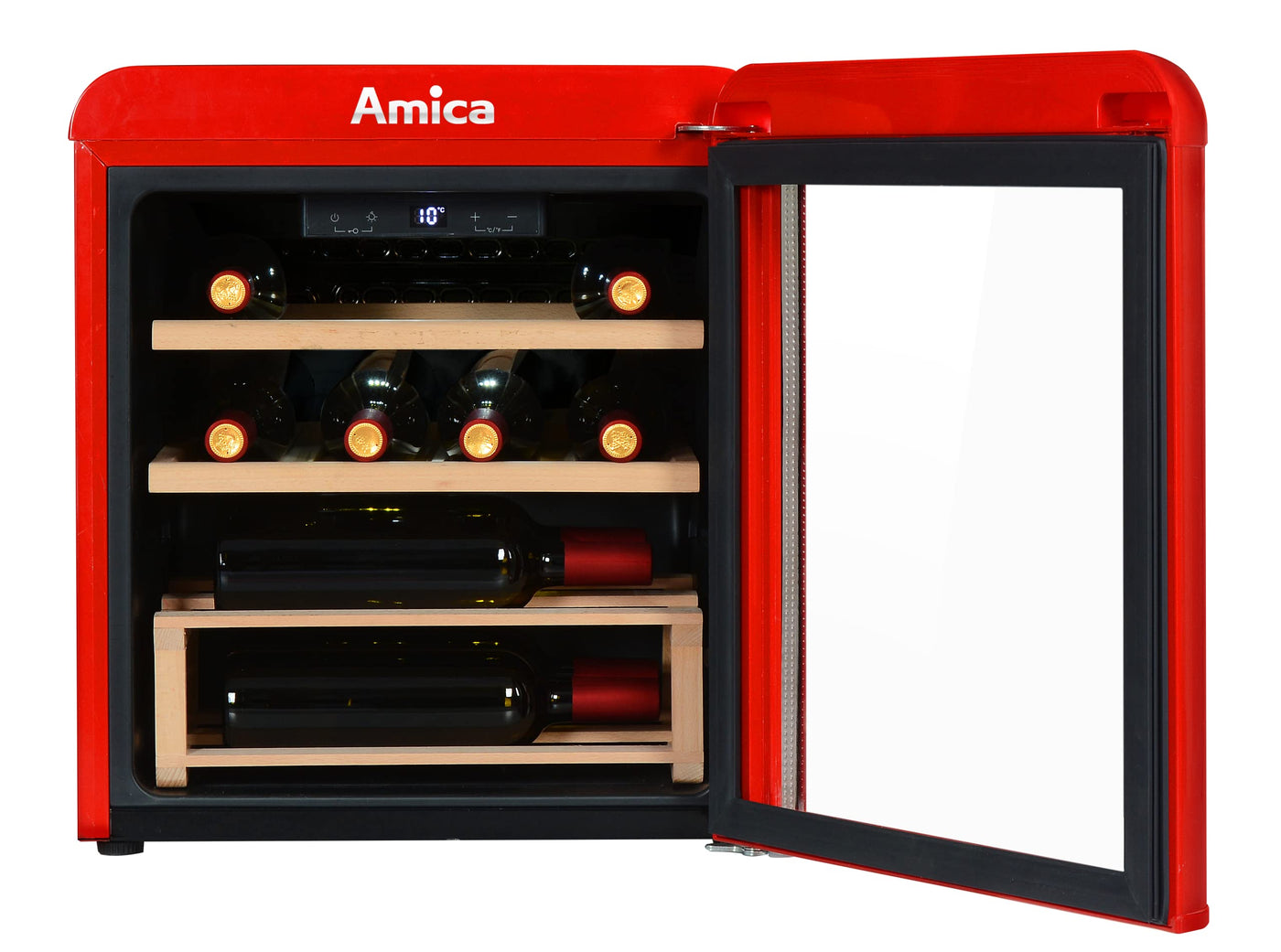 Amica WKR 341 910 R Retro-Weinkühlschrank/Weintemperierschrank im Retro Design/Rot/max. 10 Bordeauxflaschen (0,75l) / 53,5 x 48cm / 2 Holzlagerböden aus Buche/Kompressor-Technik