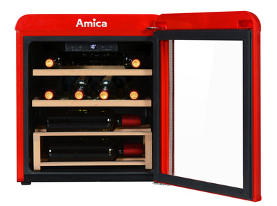 Amica WKR 341 910 R Retro-Weinkühlschrank/Weintemperierschrank im Retro Design/Rot/max. 10 Bordeauxflaschen (0,75l) / 53,5 x 48cm / 2 Holzlagerböden aus Buche/Kompressor-Technik