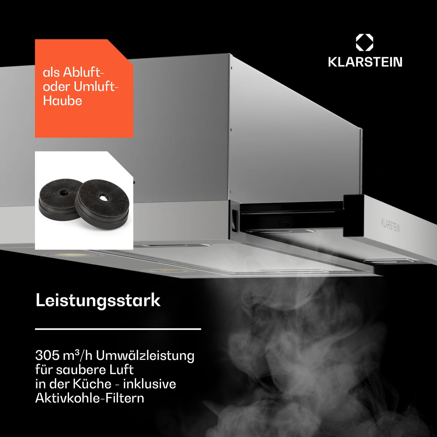 Klarstein Dunstabzugshaube 60cm, Abluft-Dunstabzugshaube mit Spülmaschinenfestem Filter aus Aluminium, Leise Abzugshaube Abluft, 305m³/h Luftstrom, Effiziente Wandhauben mit LEDs & Touch Controls