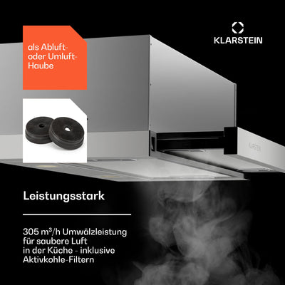 Klarstein Dunstabzugshaube 60cm, Abluft-Dunstabzugshaube mit Spülmaschinenfestem Filter aus Aluminium, Leise Abzugshaube Abluft, 305m³/h Luftstrom, Effiziente Wandhauben mit LEDs & Touch Controls
