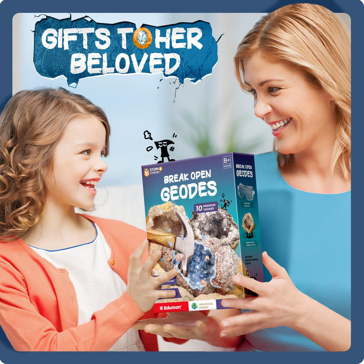 EDUMAN Geoden Zum Aufbrechen für Kinder, Natur Geoden Set in Groß und Klein, Inklusive Schutzbrille, Lupe, Aufbewahrungstasche, Geschenke für Jungen und Mädchen ab 8 Jahre