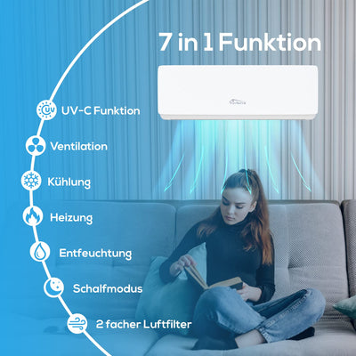 Tronitechnik® Reykir Split Klimaanlage Inverter Splitgerät mit UVC Luftsterilisation, Kühlung Heizung Ventilation Entfeuchtung, Fernbedienung, WiFi App-Steuerung (9000 BTU) inkl. Montagematerial