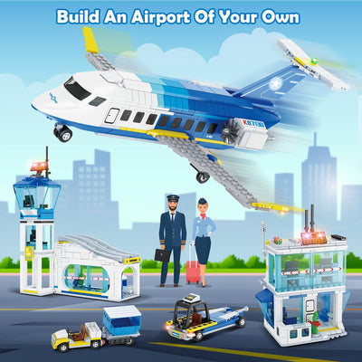 CUBIMANA City Passagierflugzeug Baukasten Set, 3 IN 1 Flugzeug Baukasten mit Terminal, Radarturm, Gepäckwagen Flugzeuge Modell Bausteine Spielzeug Geschenk für Jungen Mädchen Kinder 6 7 8 9+ Jahre alt