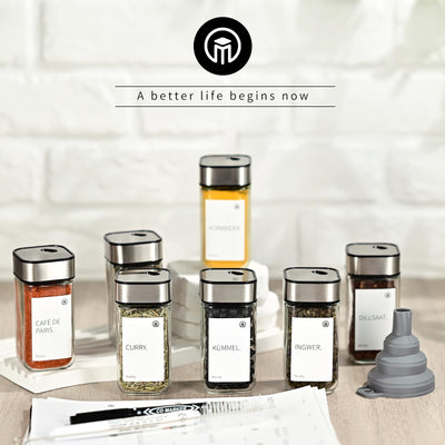 Miorkly 12 Gewürzgläser Eckig,120ML Gewürzdosen Set mit Streueinsatz,Gewürzstreuer mit Drehdeckel-Starke Versiegelung,Edelstahl-Glas Gewürz Organizer inklusive Trichter, Etikett und Stift