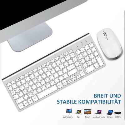Tastatur Maus Set Kabellos - 2.4Ghz USB Funk Tastatur QWERTZ (Deutsch) Layout Ergonomisch Klein Maus Ultra-Dünne Wireless Keyboard Mouse für Computer/Desktop/PC/Laptop/Smart TV/Windows- Weiß Silber