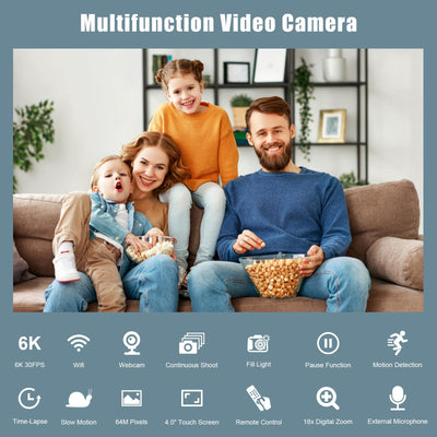 Videokamera 6K 64MP Camcorder 18X Digital Zoom Vlogging Camera for YouTube, 4.0" Touch Screen HD WiFi Videokamera mit 4500mAh Battery, 64G SD-Karte, Stabilizer, Microphone and Remote