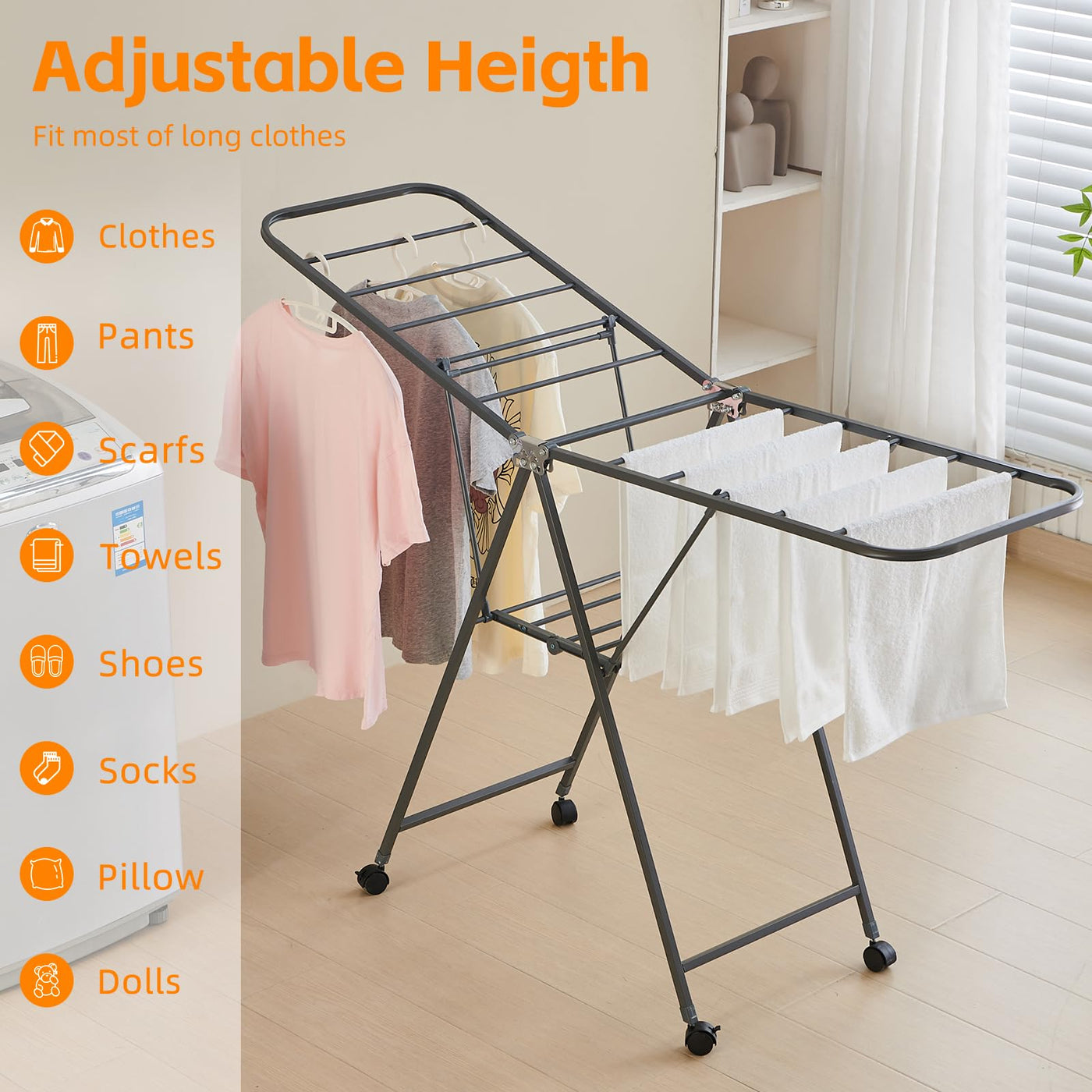 Kaixin Rabbit Zusammenklappbarer Wäscheständer，Und Habe 18 stangen，Räder können festgestellt Werden，Wäscheständer aus Metall，Rostschutzbehandlung，Kann drinnen und draußen verwendet Werden
