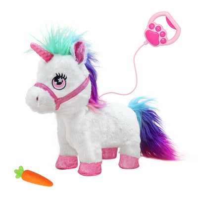 YH YUHUNG Einhorn Spielzeug mit Leine, Elektrischer Plüschtier Pony mit Lauf- und Soundfunktion - das Horn leuchtet