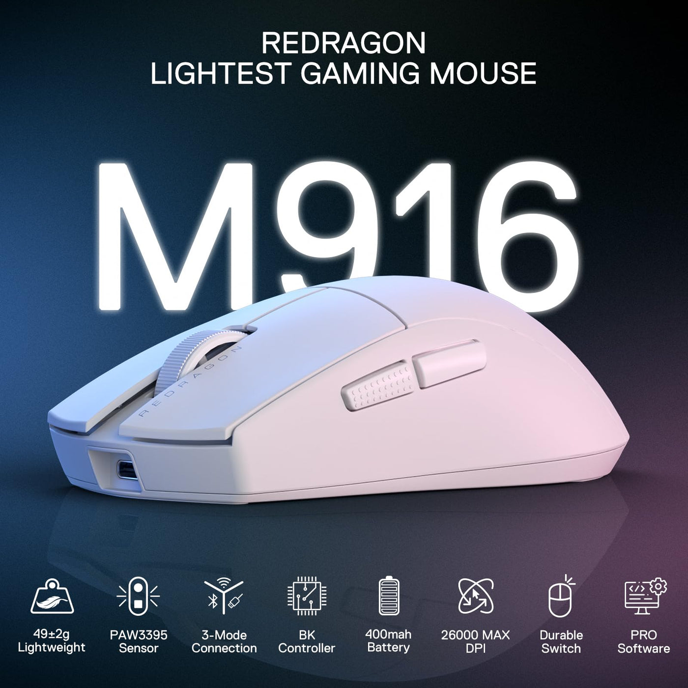 Redragon M916 PRO 3-Modus Wireless Gaming Maus, 49G Ultra-Leicht 26K DPI Maus mit Ergonomischem Natürlichem Griff, Voll Programmierbare Tasten, Software Unterstützt DIY Tastenbelegungen & DPI